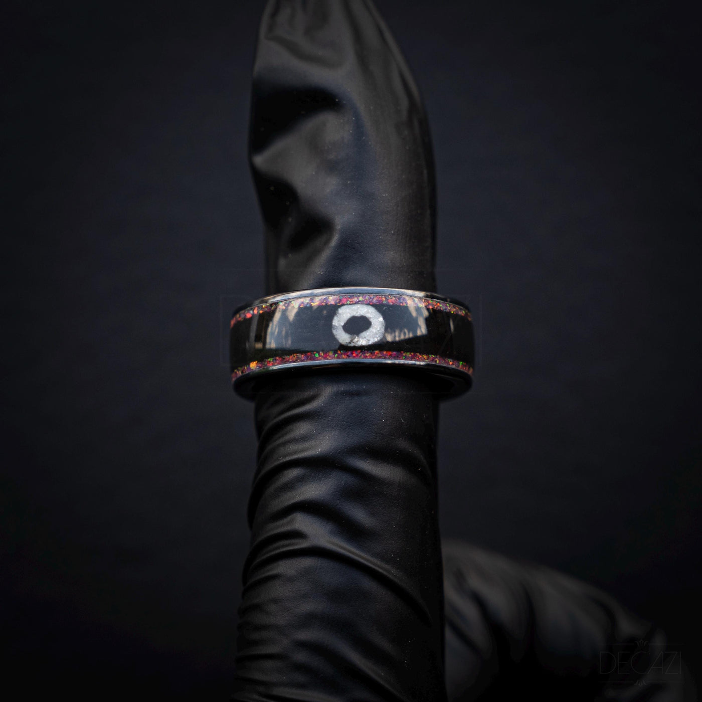 Black Ring with Pink Opal and White Circle Symbol – Geometric Aesthetic Jewelry, Subtle Fandom Jewelry, Korean Drama, Geometric Gamer