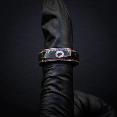 Black Ring with Pink Opal and White Circle Symbol – Geometric Aesthetic Jewelry, Subtle Fandom Jewelry, Korean Drama, Geometric Gamer