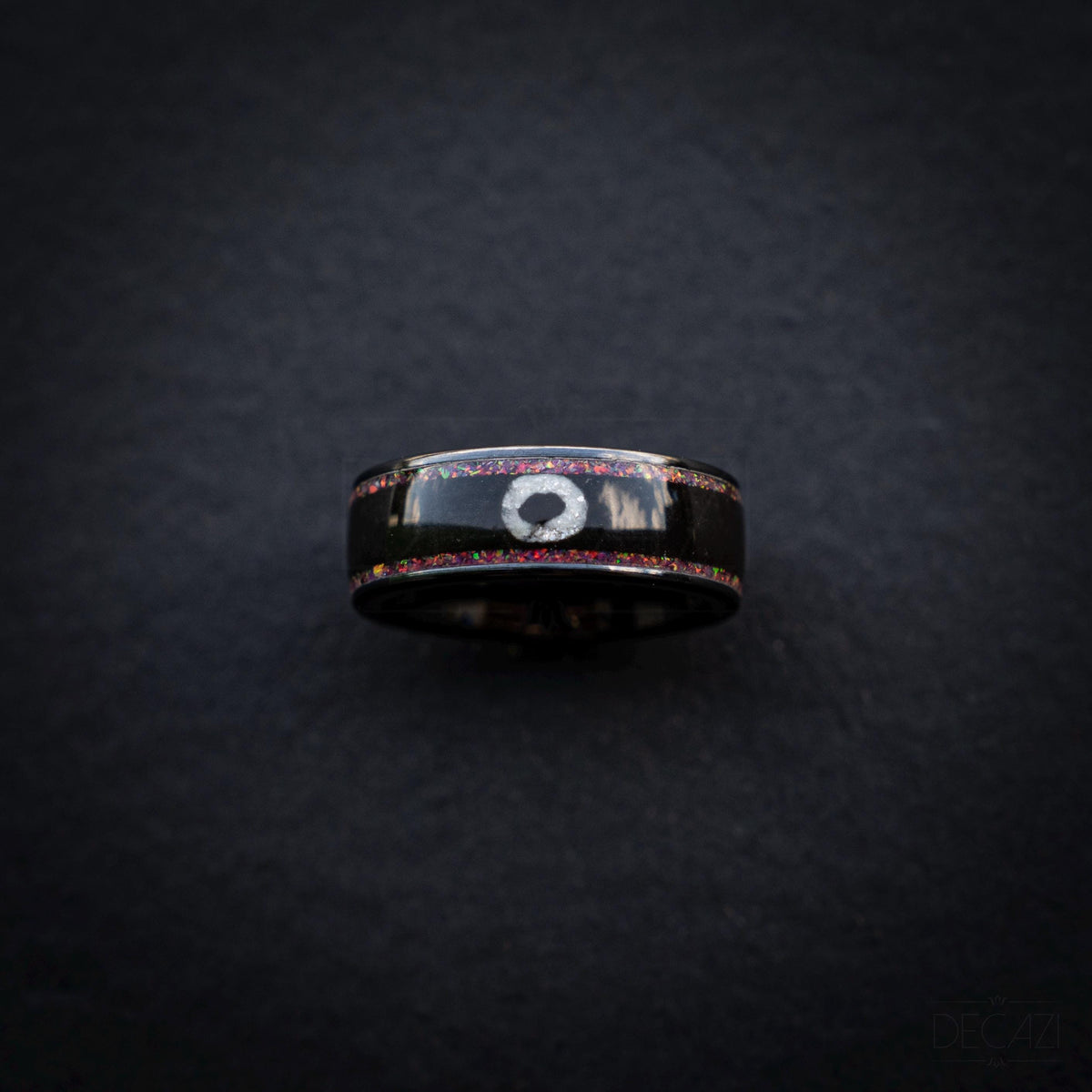 Black Ring with Pink Opal and White Circle Symbol – Geometric Aesthetic Jewelry, Subtle Fandom Jewelry, Korean Drama, Geometric Gamer