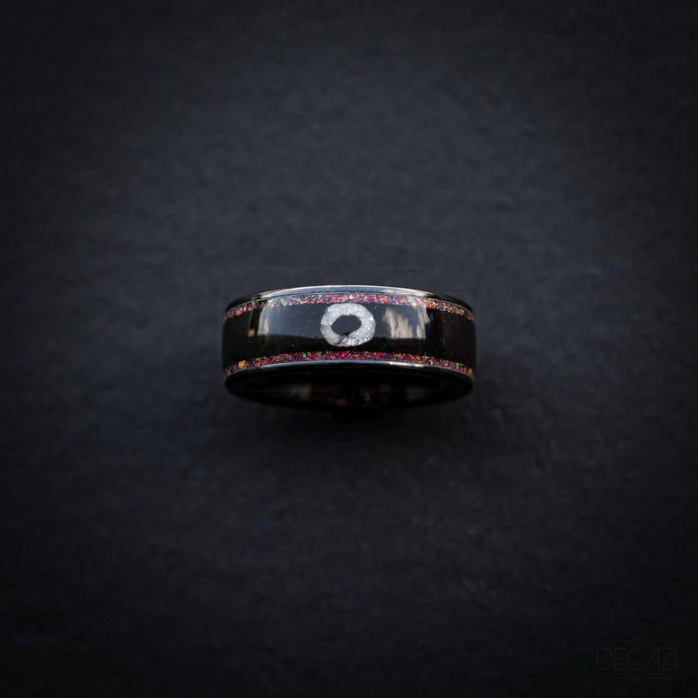 Black Ring with Pink Opal and White Circle Symbol – Geometric Aesthetic Jewelry, Subtle Fandom Jewelry, Korean Drama, Geometric Gamer