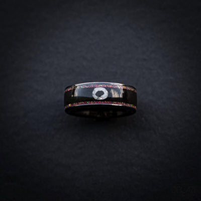 Black Ring with Pink Opal and White Circle Symbol – Geometric Aesthetic Jewelry, Subtle Fandom Jewelry, Korean Drama, Geometric Gamer