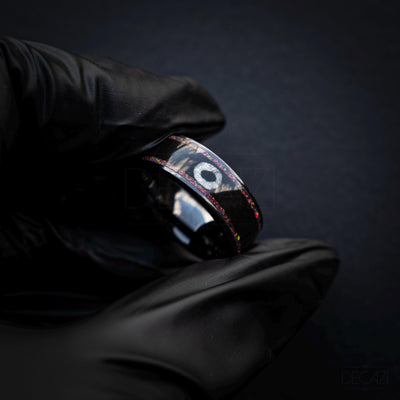 Black Ring with Pink Opal and White Circle Symbol – Geometric Aesthetic Jewelry, Subtle Fandom Jewelry, Korean Drama, Geometric Gamer