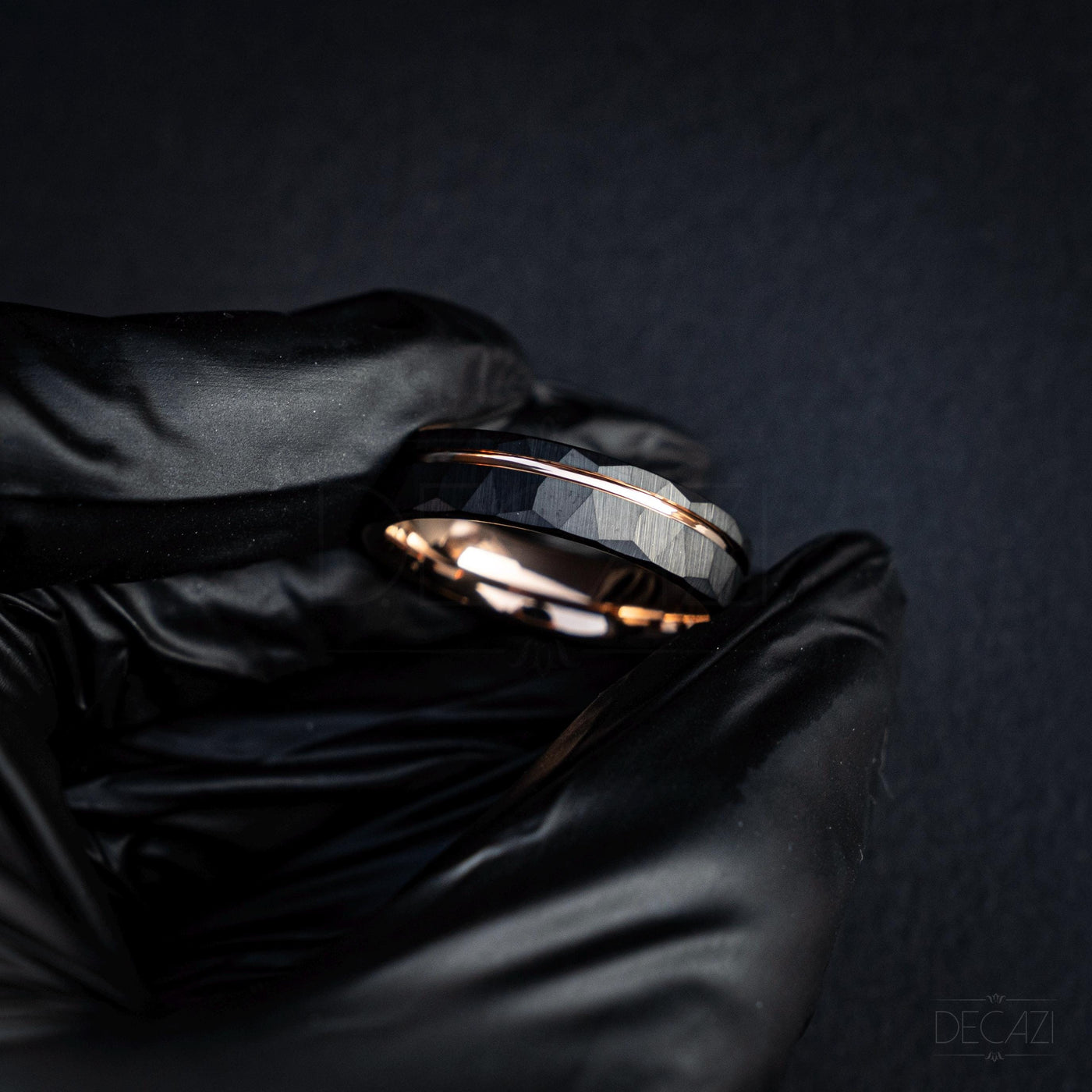 Men's Rose Gold and Black Tungsten Wedding Band – Faceted Ring – Unique Modern Men's Ring – Durable Comfort Fit Ring, 6 mm Ring | Decazi