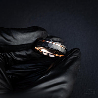 Men's Rose Gold and Black Tungsten Wedding Band – Faceted Ring – Unique Modern Men's Ring – Durable Comfort Fit Ring, 6 mm Ring | Decazi