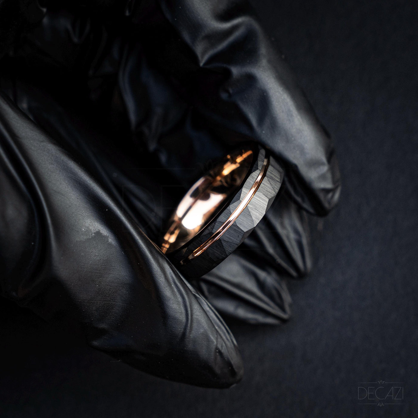 Men's Rose Gold and Black Tungsten Wedding Band – Faceted Ring – Unique Modern Men's Ring – Durable Comfort Fit Ring, 6 mm Ring | Decazi