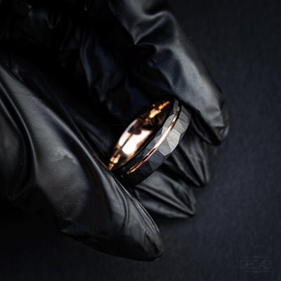 Men's Rose Gold and Black Tungsten Wedding Band – Faceted Ring – Unique Modern Men's Ring – Durable Comfort Fit Ring, 6 mm Ring | Decazi
