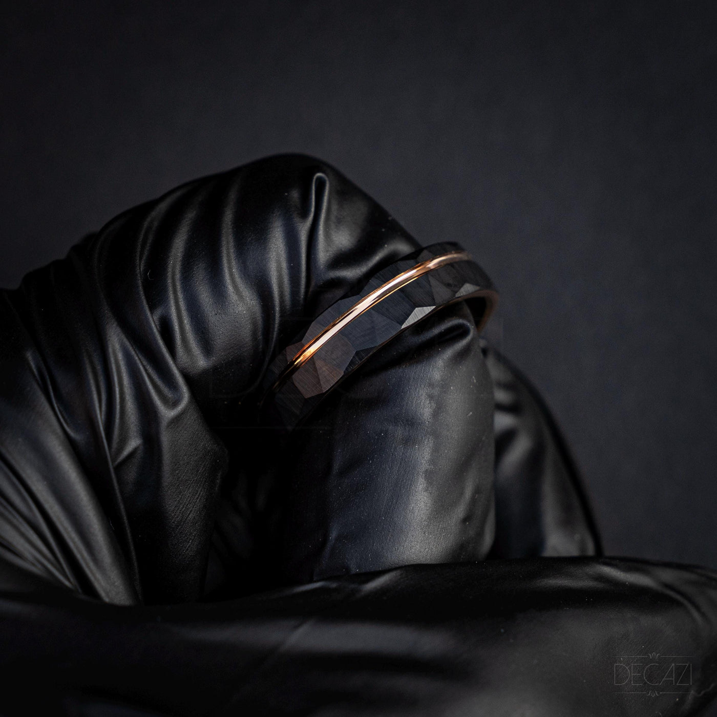 Men's Rose Gold and Black Tungsten Wedding Band – Faceted Ring – Unique Modern Men's Ring – Durable Comfort Fit Ring, 6 mm Ring | Decazi