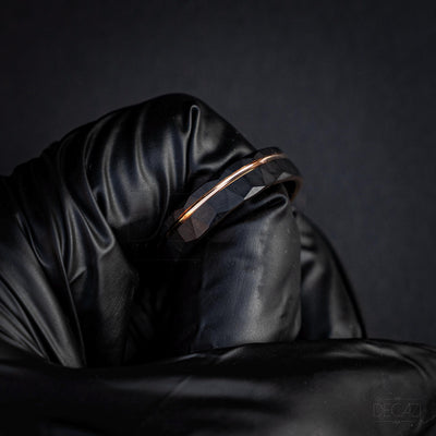 Men's Rose Gold and Black Tungsten Wedding Band – Faceted Ring – Unique Modern Men's Ring – Durable Comfort Fit Ring, 6 mm Ring | Decazi