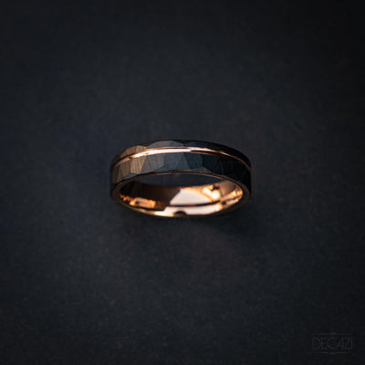 Men's Rose Gold and Black Tungsten Wedding Band – Faceted Ring – Unique Modern Men's Ring – Durable Comfort Fit Ring, 6 mm Ring | Decazi