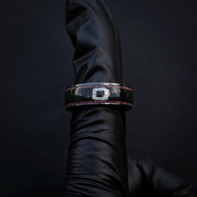 Black Statement Ring with Red Opal & White Square Symbol, Geometric Gamer-Inspired Jewelry, Korean Drama Aesthetic Jewelry, Cosplay Inspired