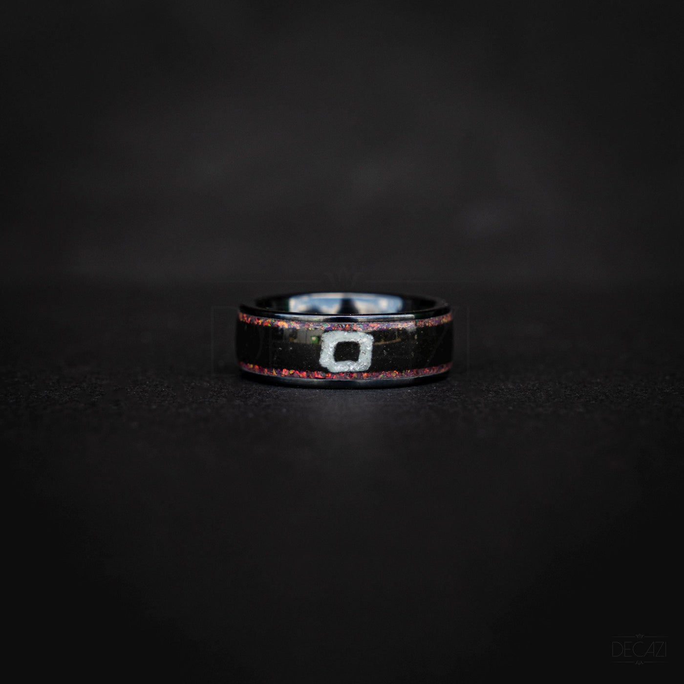 Black Statement Ring with Red Opal & White Square Symbol, Geometric Gamer-Inspired Jewelry, Korean Drama Aesthetic Jewelry, Cosplay Inspired