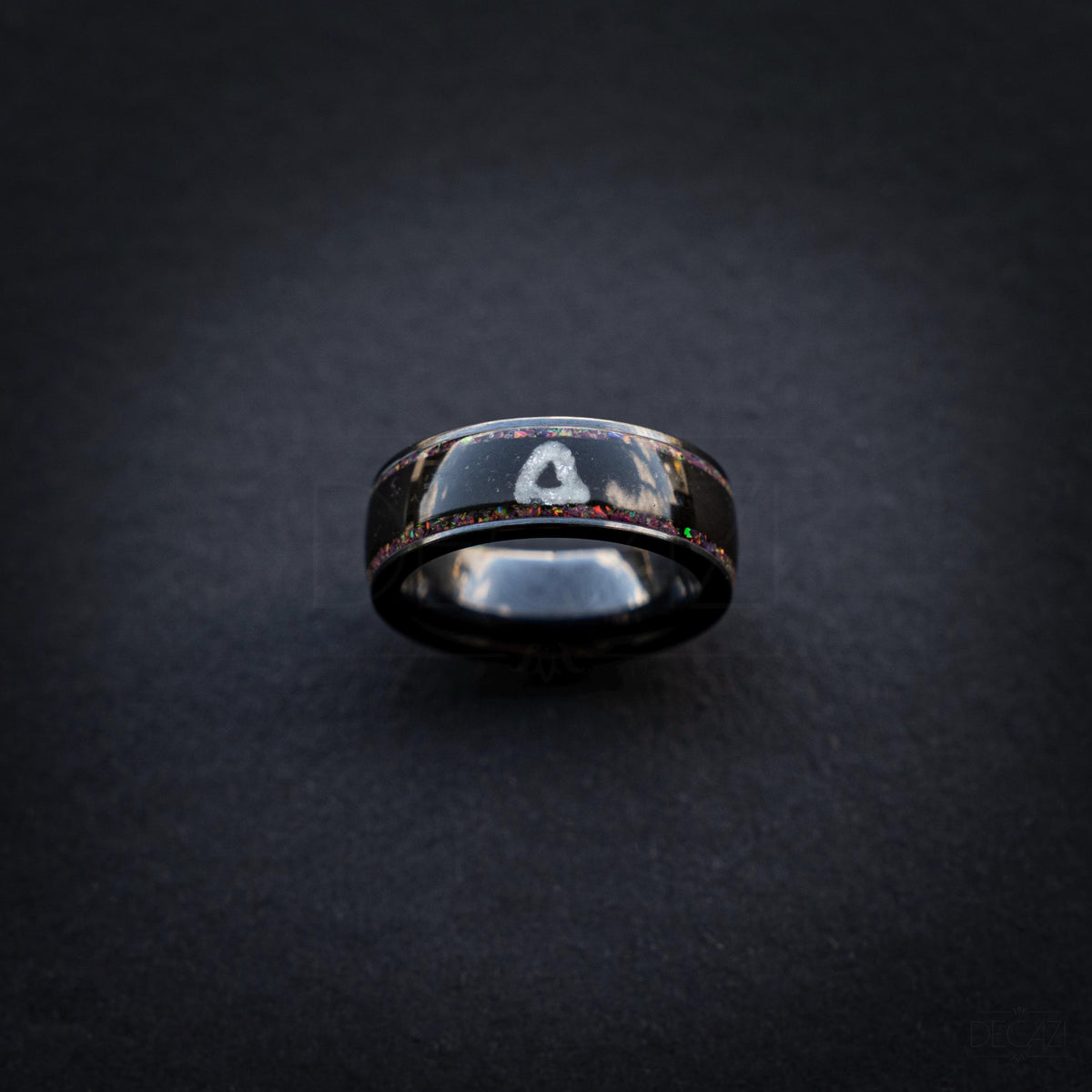 Black Ring with Pink Opal and White Triangle Symbol – Dark Geometric Aesthetic Jewelry, Korean Drama Aesthetic Jewelry, Geometric Gamer