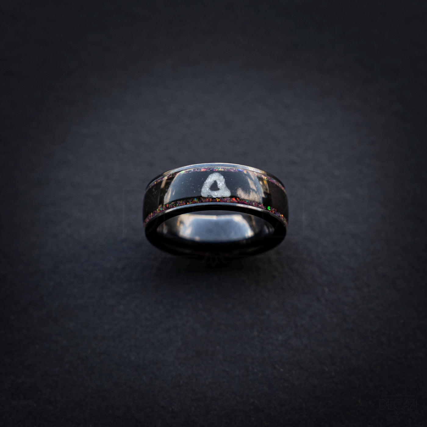 Black Ring with Pink Opal and White Triangle Symbol – Dark Geometric Aesthetic Jewelry, Korean Drama Aesthetic Jewelry, Geometric Gamer