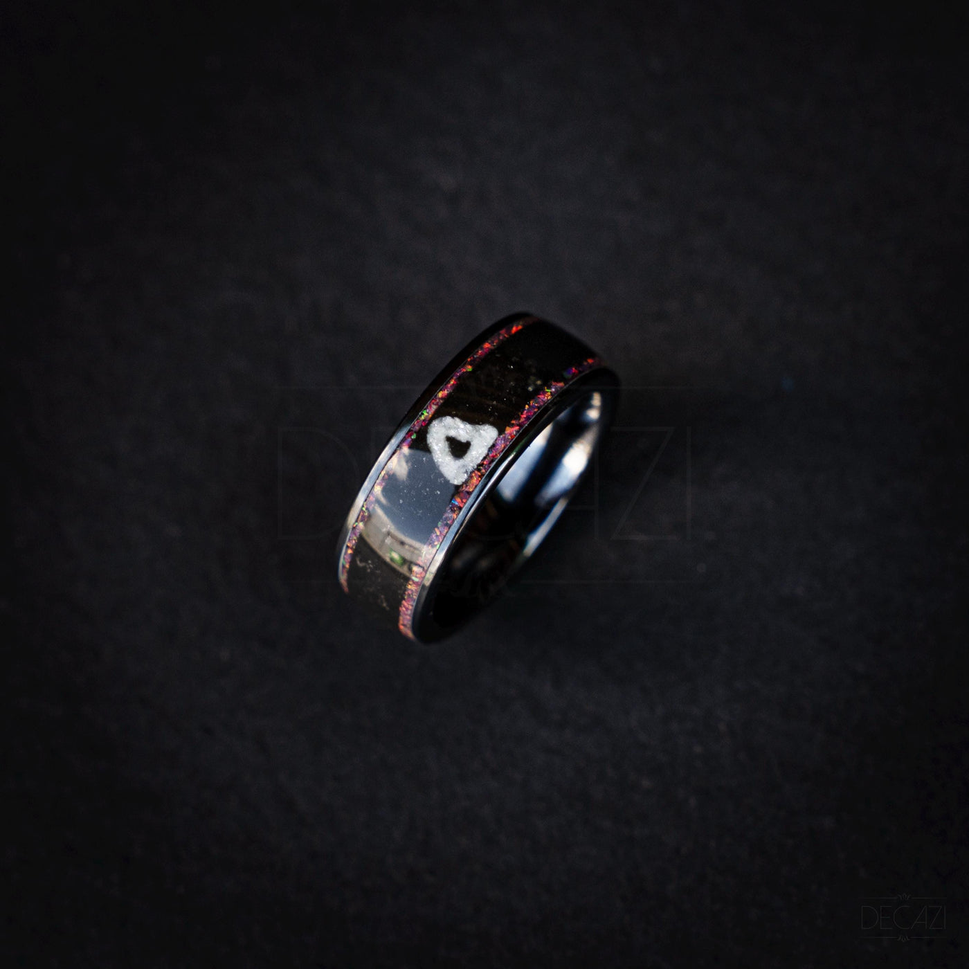 Black Ring with Pink Opal and White Triangle Symbol – Dark Geometric Aesthetic Jewelry, Korean Drama Aesthetic Jewelry, Geometric Gamer