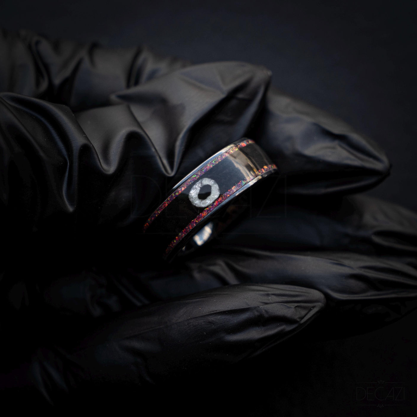 Black Ring with Pink Opal and White Circle Symbol – Geometric Aesthetic Jewelry, Subtle Fandom Jewelry, Korean Drama, Geometric Gamer