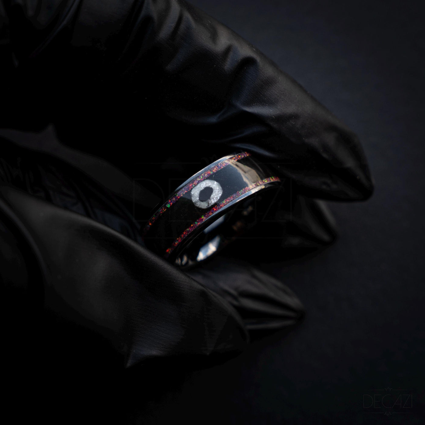 Black Ring with Pink Opal and White Circle Symbol – Geometric Aesthetic Jewelry, Subtle Fandom Jewelry, Korean Drama, Geometric Gamer