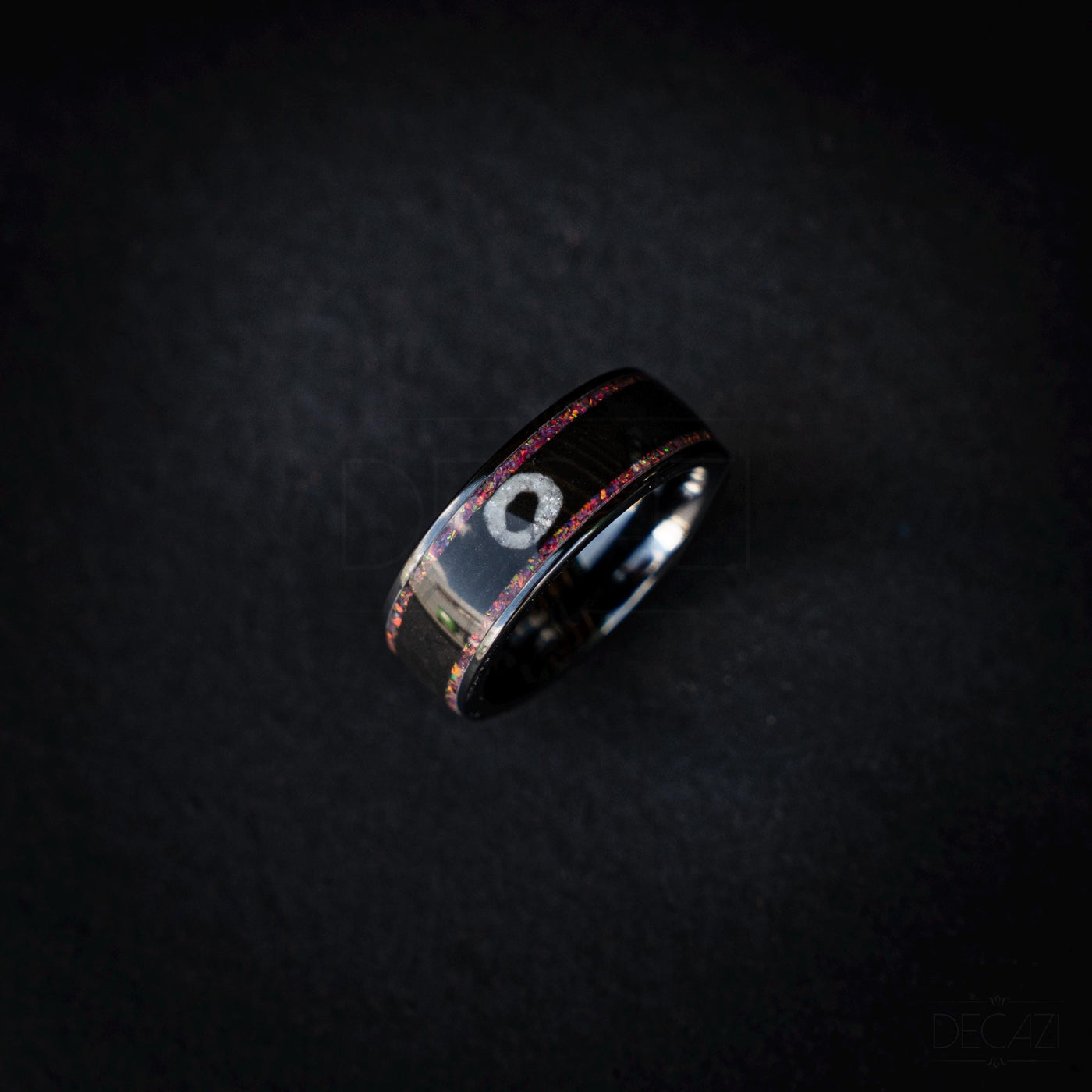 Black Ring with Pink Opal and White Circle Symbol – Geometric Aesthetic Jewelry, Subtle Fandom Jewelry, Korean Drama, Geometric Gamer