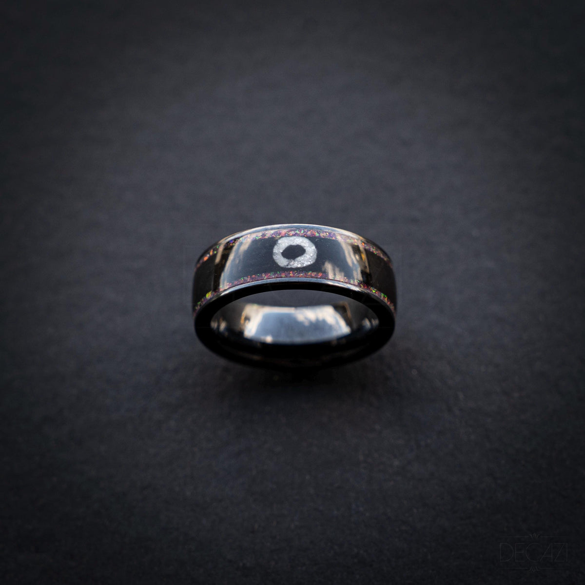 Black Ring with Pink Opal and White Circle Symbol – Geometric Aesthetic Jewelry, Subtle Fandom Jewelry, Korean Drama, Geometric Gamer