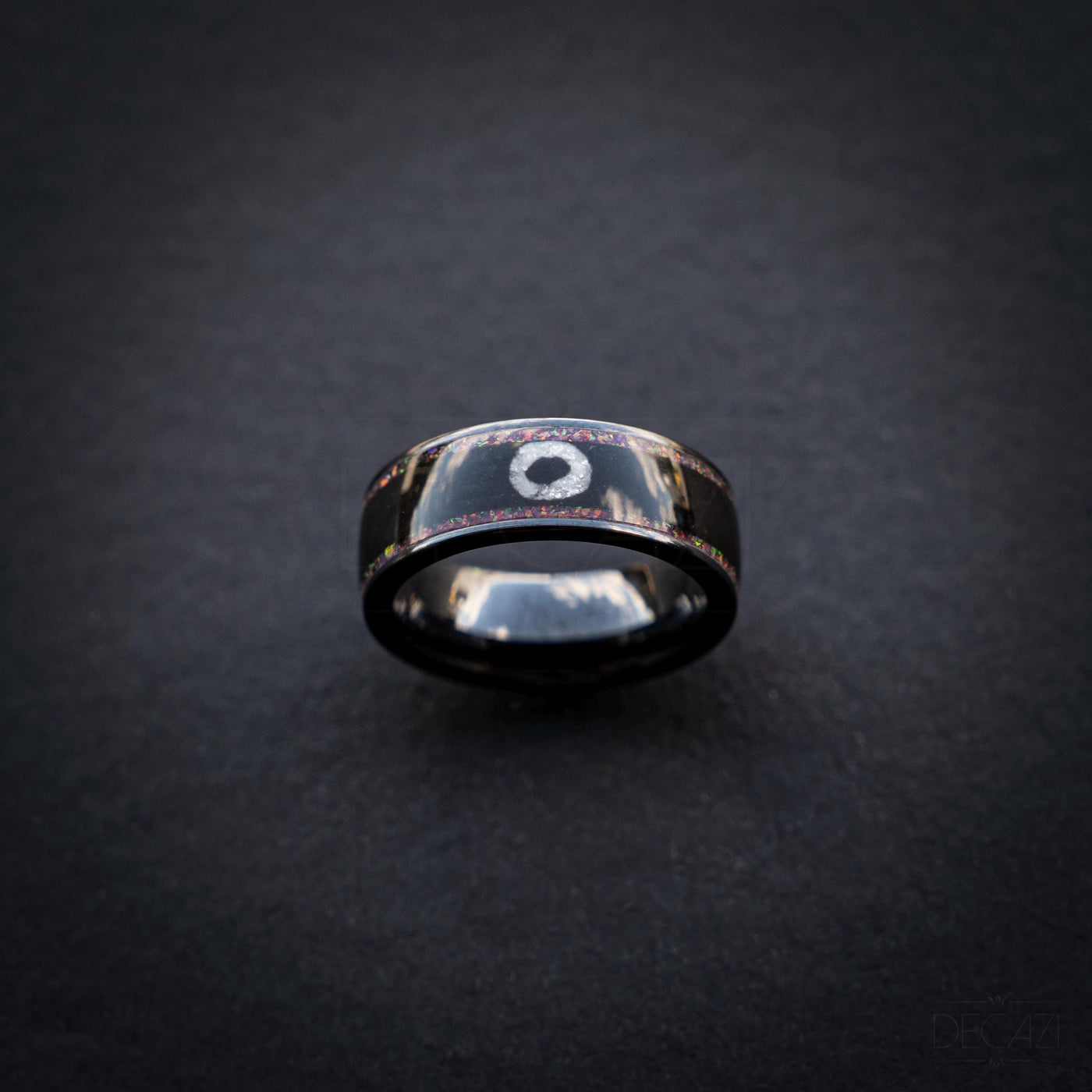 Black Ring with Pink Opal and White Circle Symbol – Geometric Aesthetic Jewelry, Subtle Fandom Jewelry, Korean Drama, Geometric Gamer