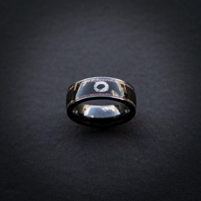 Black Ring with Pink Opal and White Circle Symbol – Geometric Aesthetic Jewelry, Subtle Fandom Jewelry, Korean Drama, Geometric Gamer