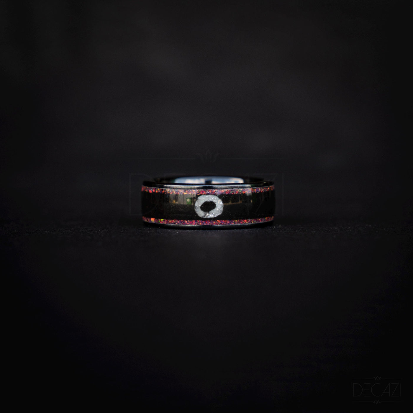 Black Ring with Pink Opal and White Circle Symbol – Geometric Aesthetic Jewelry, Subtle Fandom Jewelry, Korean Drama, Geometric Gamer