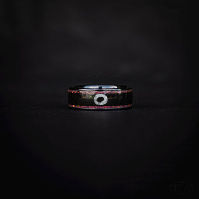 Black Ring with Pink Opal and White Circle Symbol – Geometric Aesthetic Jewelry, Subtle Fandom Jewelry, Korean Drama, Geometric Gamer