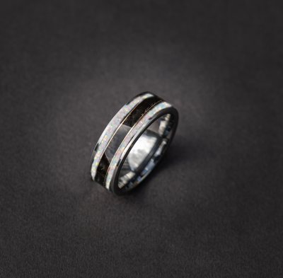 Flat tungsten ring filled with white opal, yellow gold wires and black middle row 8 mm for Dannie - Decazi