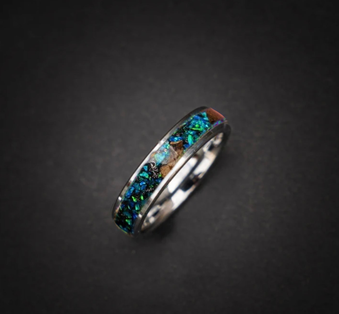 Flat tungsten ring filled with blue, green and purple opal and megalodon and trex fossil 6 mm for R Conrad - Decazi
