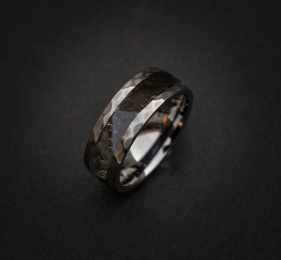 Silver tungsten ring filled with Triceratops mixed with Meteorite 8 mm for Shauna - Decazi