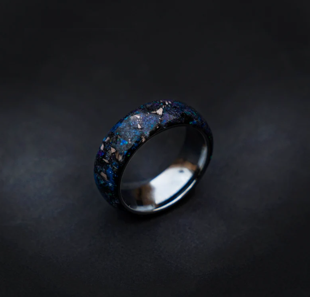 Tungsten ring core filled with meteorite, galaxy opals, spinosaurus dinosaur dust and glow powder 8 mm for Andy - Decazi