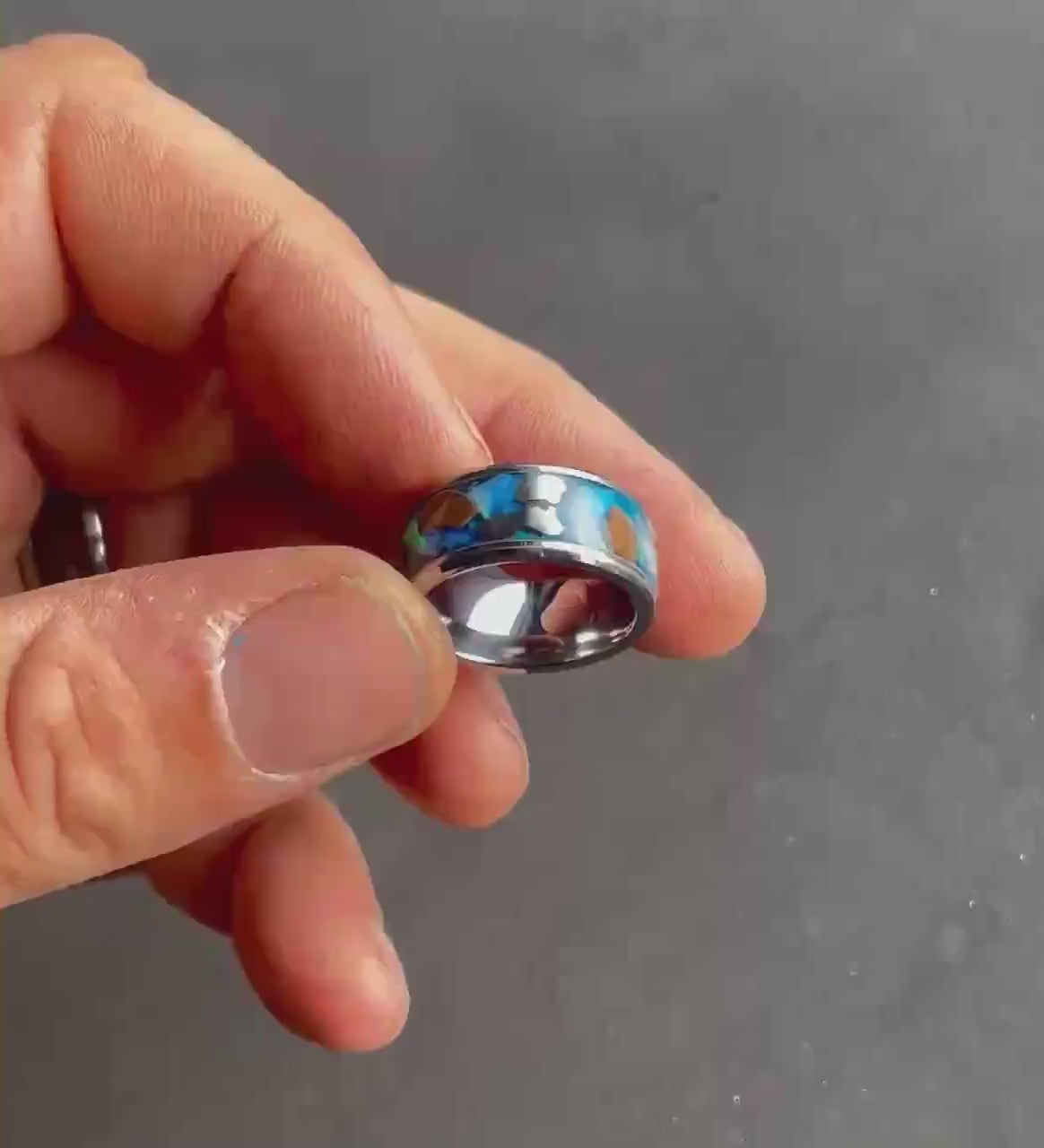 Campo del cielo meteorite with Dinosaur bone and Ethiopian opal, Mens wedding band, opal engagement ring, glow in the dark ring, glowstone.