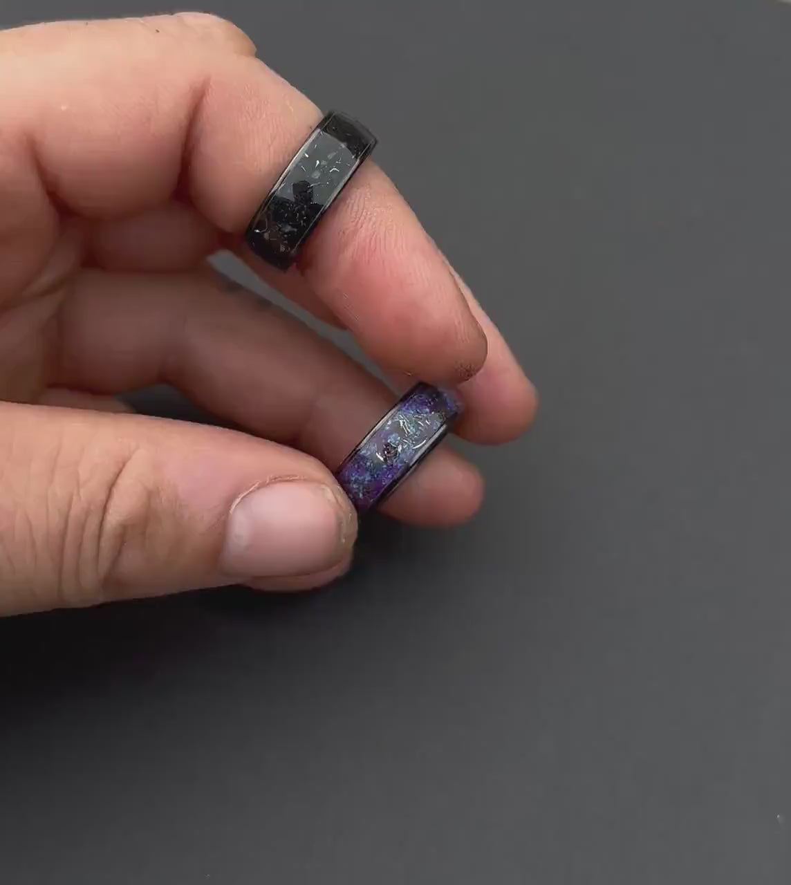 Meteorite shavings ring, purple opal ring, Glow in the dark ring, Galaxy opal, Black firday sale, Black ceramic ring, 8mm ring | Decazi