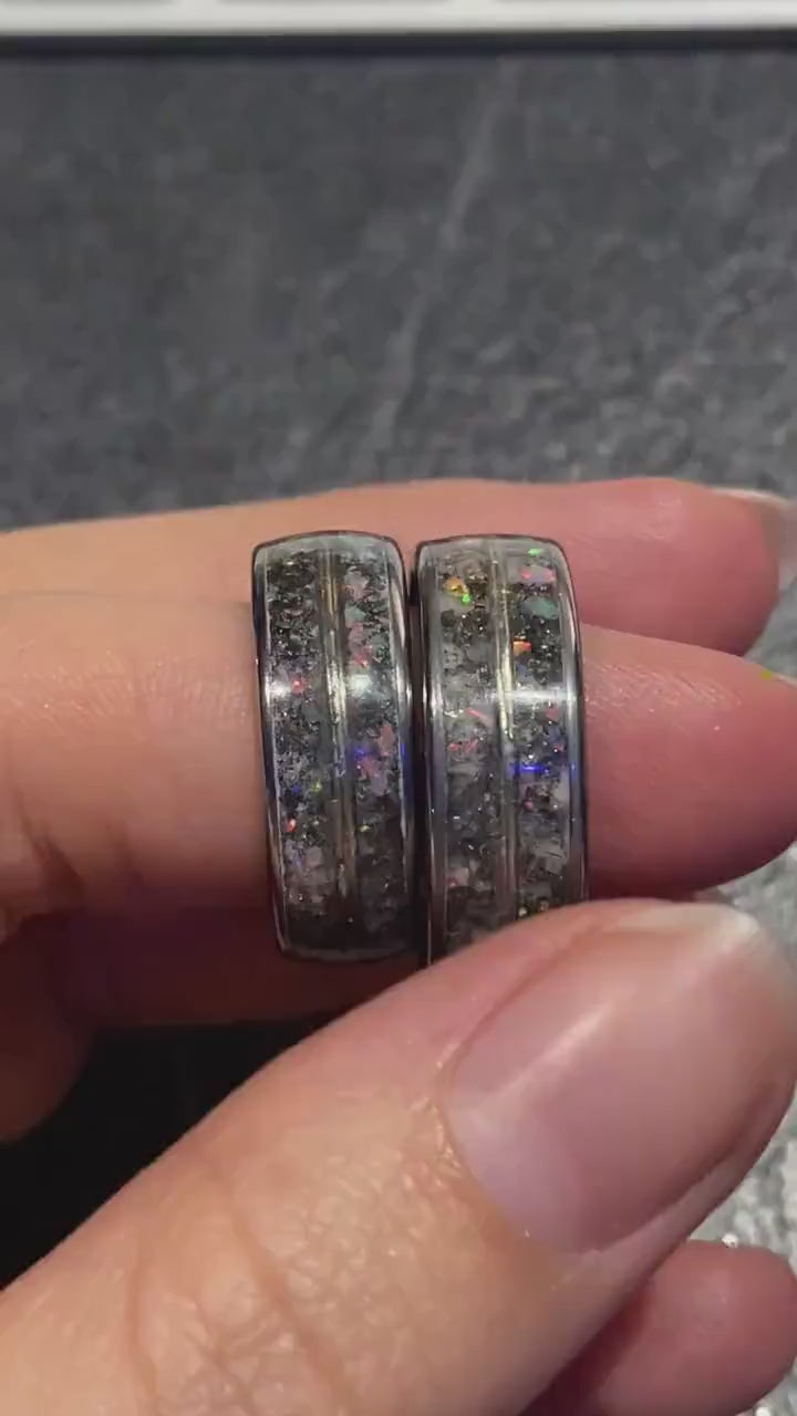meteorite ring, Mens opal ring, Glow in the dark ring, glow ring, Platinum ring, tungsten ring men, Lunar jewelry, meteorite ring
