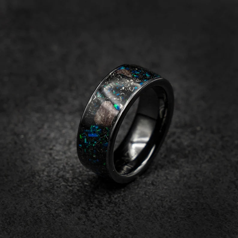 Ceramic Opal Ring Dinosaur Bone Fossil & Meteorite