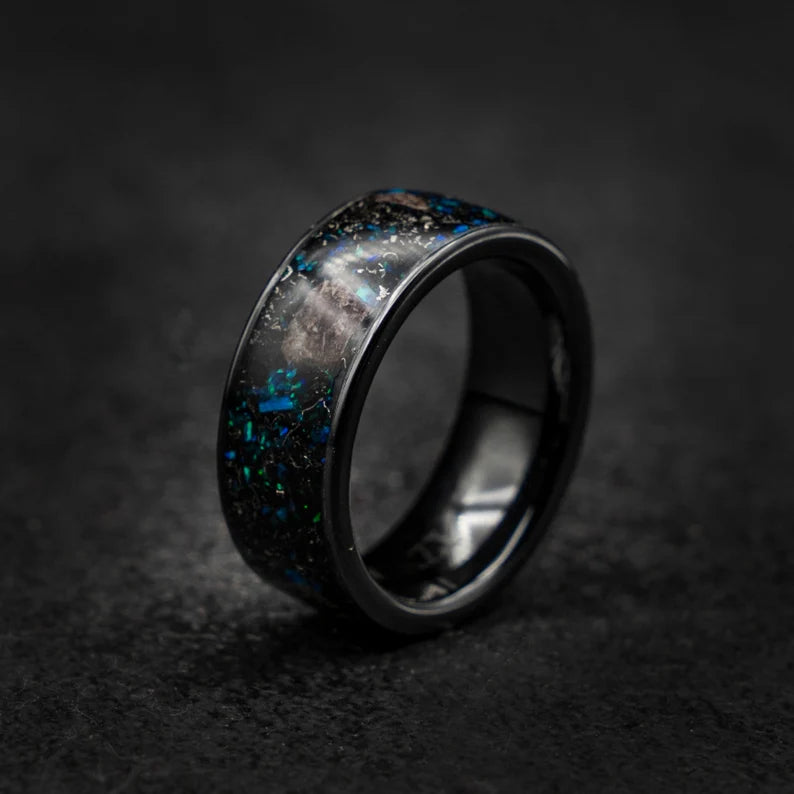 Ceramic Opal Ring Dinosaur Bone Fossil & Meteorite