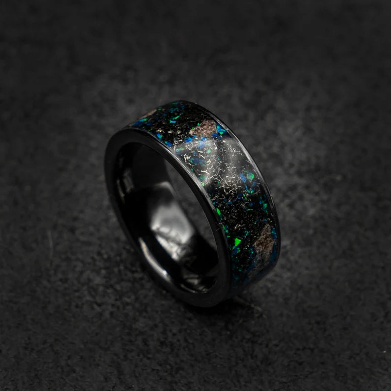 Ceramic Opal Ring Dinosaur Bone Fossil & Meteorite