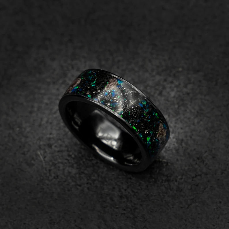 Ceramic Opal Ring Dinosaur Bone Fossil & Meteorite