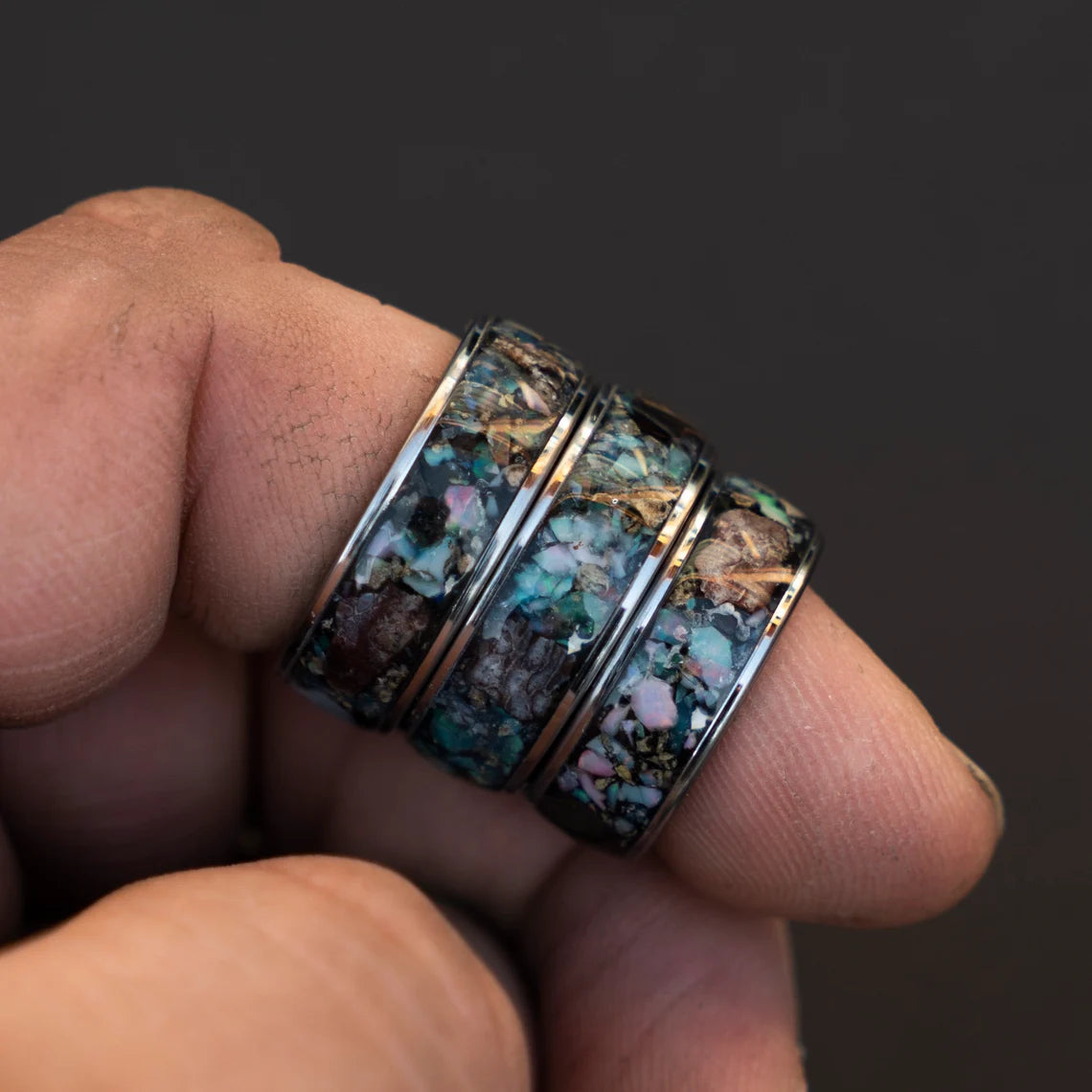 T Rex Bone Tungsten Ring Australian Ethiopian Opal