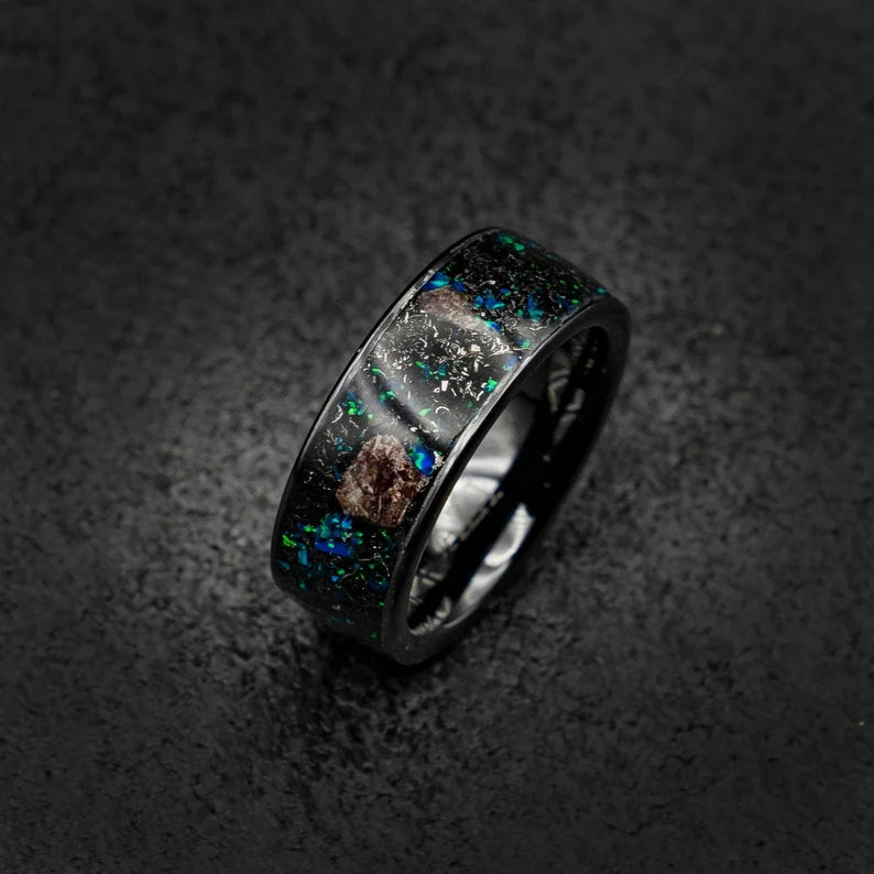 Ceramic Opal Ring Dinosaur Bone Fossil & Meteorite