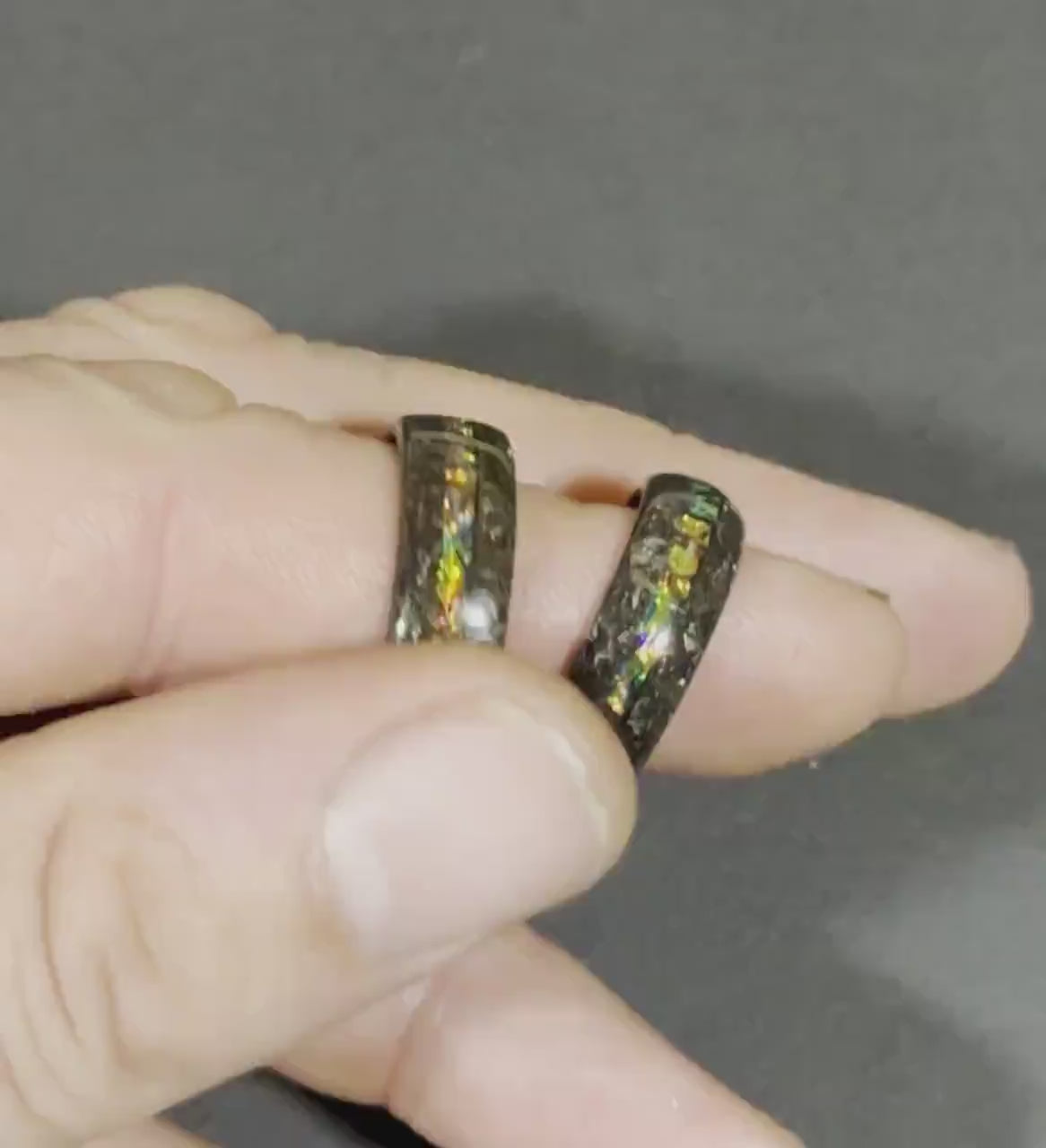 Couples rings with Muonionalusta meteorite shavings tungsten ring with Dichrolam galaxy inlay, mens wedding band, meteorite ring.