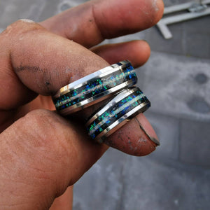 Beveled Tungsten Galaxy Opal Ring Wedding Band