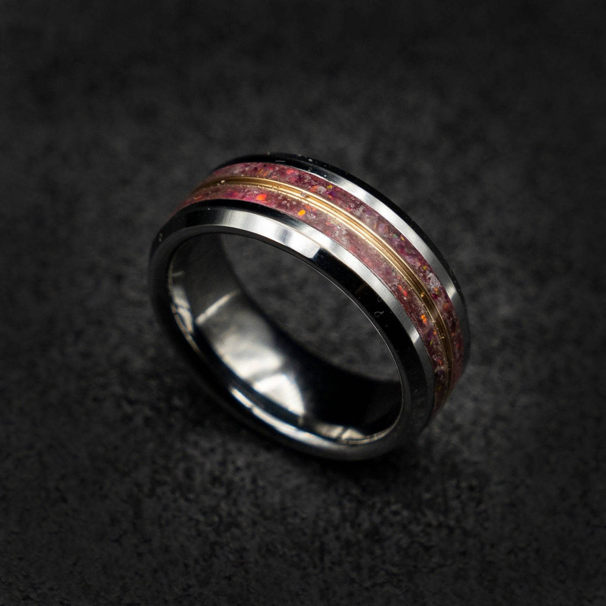Beveled tungsten ring with Rosequartz and golden wire