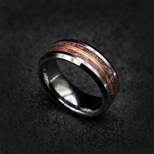 Beveled tungsten ring with Rosequartz and golden wire
