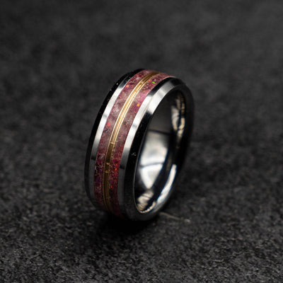 Beveled Tungsten Ring with Rose Quartz Crystals and Golden Wire Band