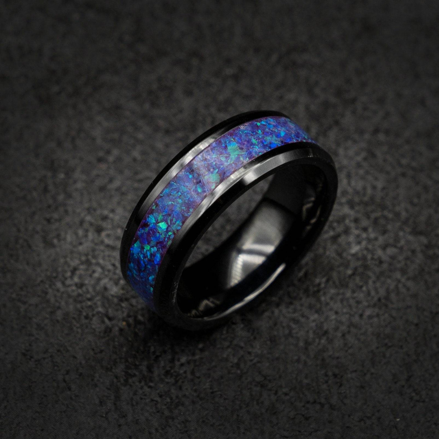 Black Ceramic With Purple Blue Opal Glow in the Dark Ring Unique Wedding Band