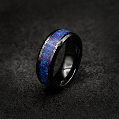 Black ceramic purple blue opal glow in the dark ring