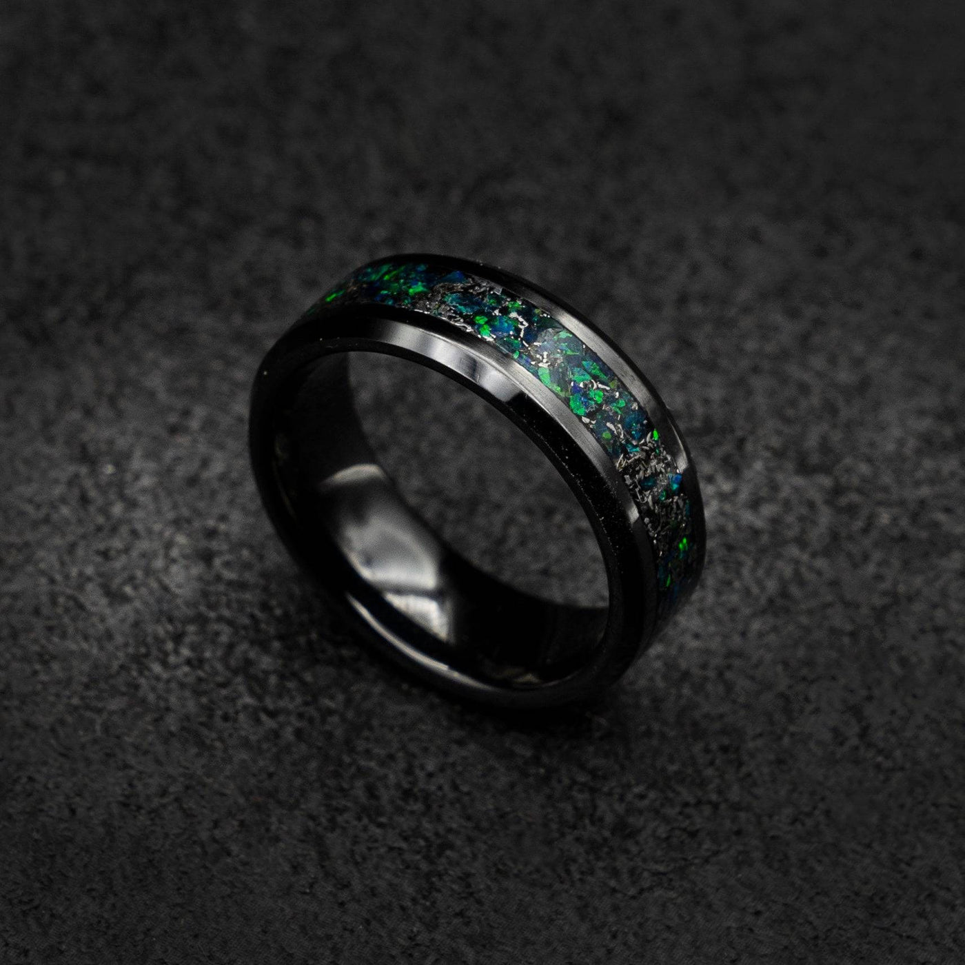 Black Ceramic Green Opal and Meteorite Ring Unique Wedding Band