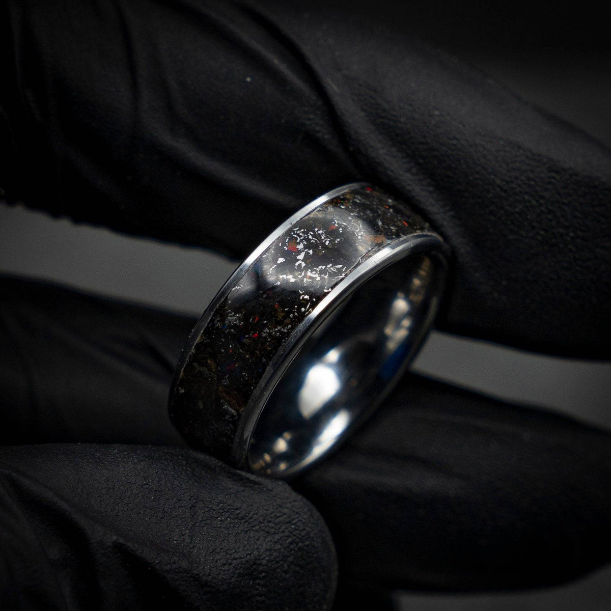 Black Opal Dinosaur Bone Wedding Band