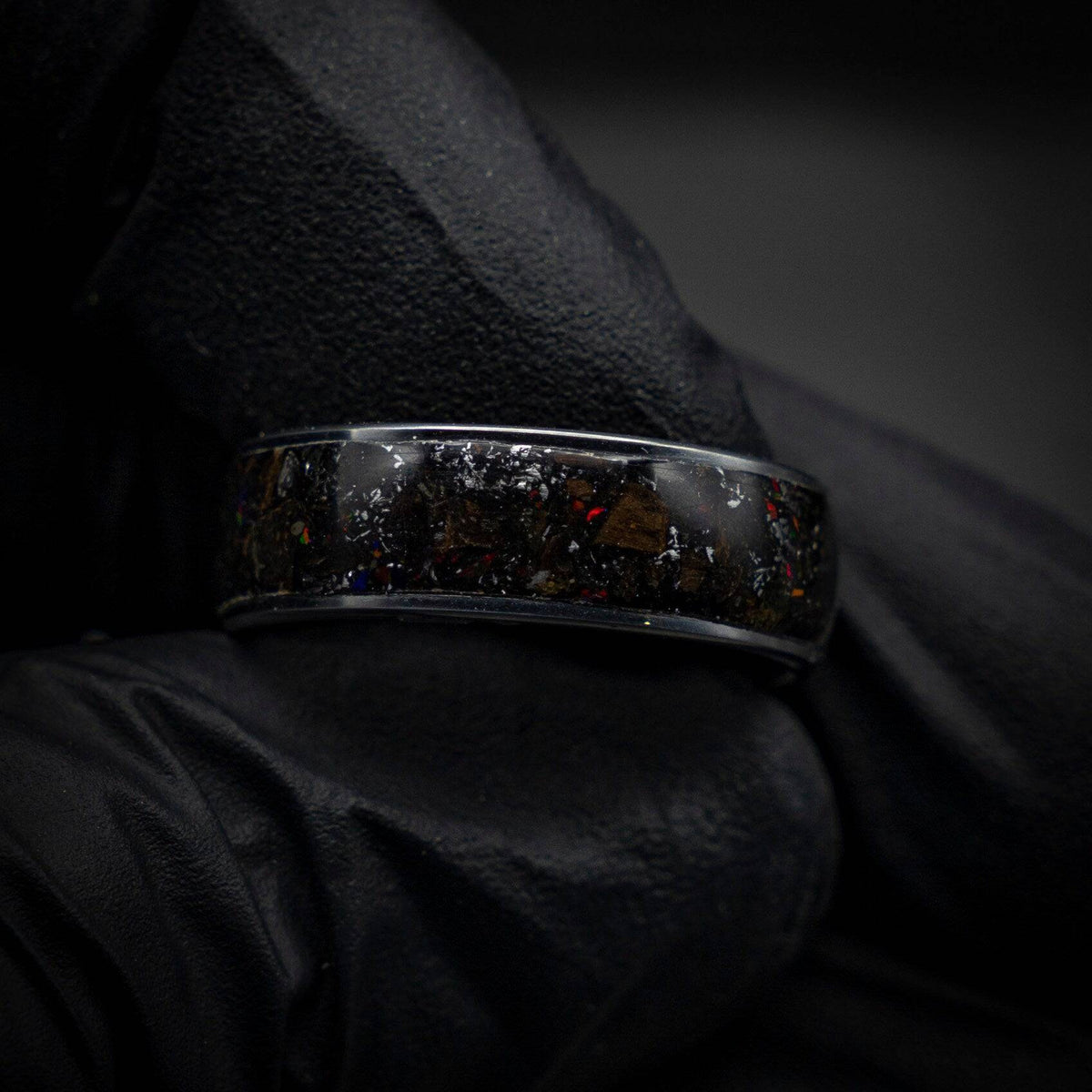 Black Opal Dinosaur Bone Wedding Band
