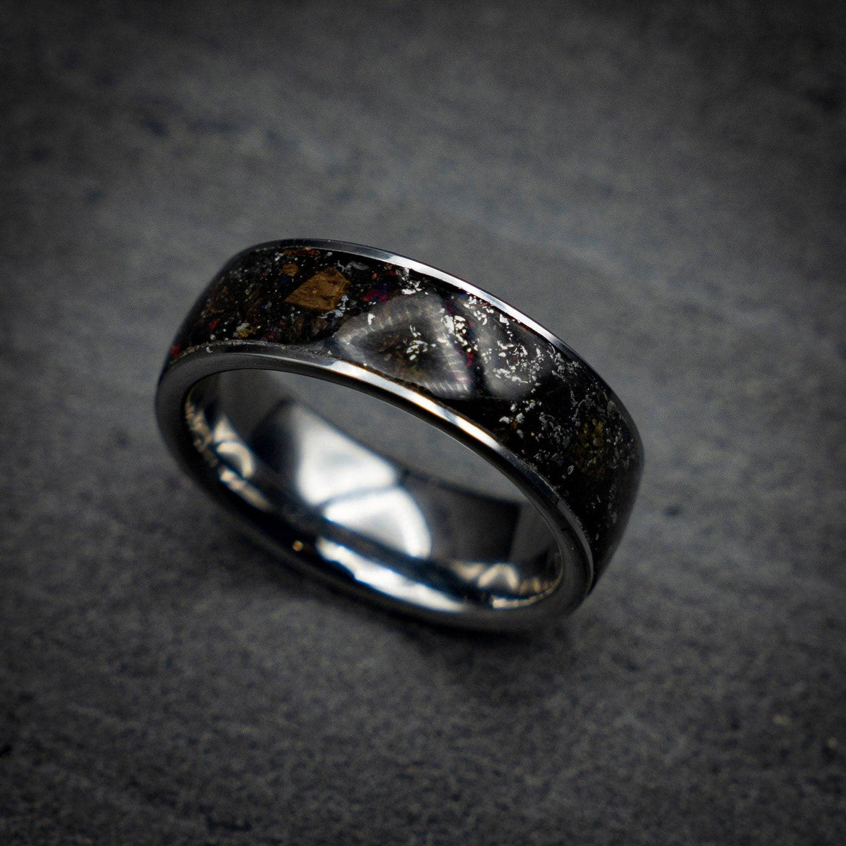 Black Opal Dinosaur Bone Wedding Band